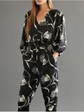 Joie Black and Cream Floral V-Neck Jumpsuit with Waist Tie